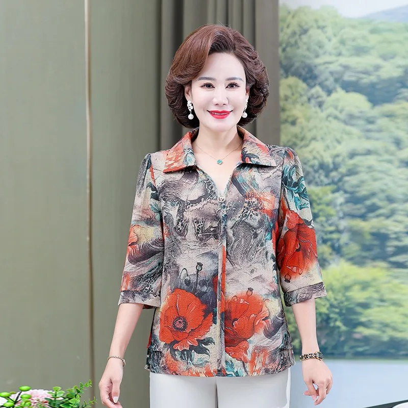 

Middle-Aged Elderly Female Blouse Summer Half Sleeve Turn-down Collar Printing Chiffon Women Shirt Casual Blouse Mother Top