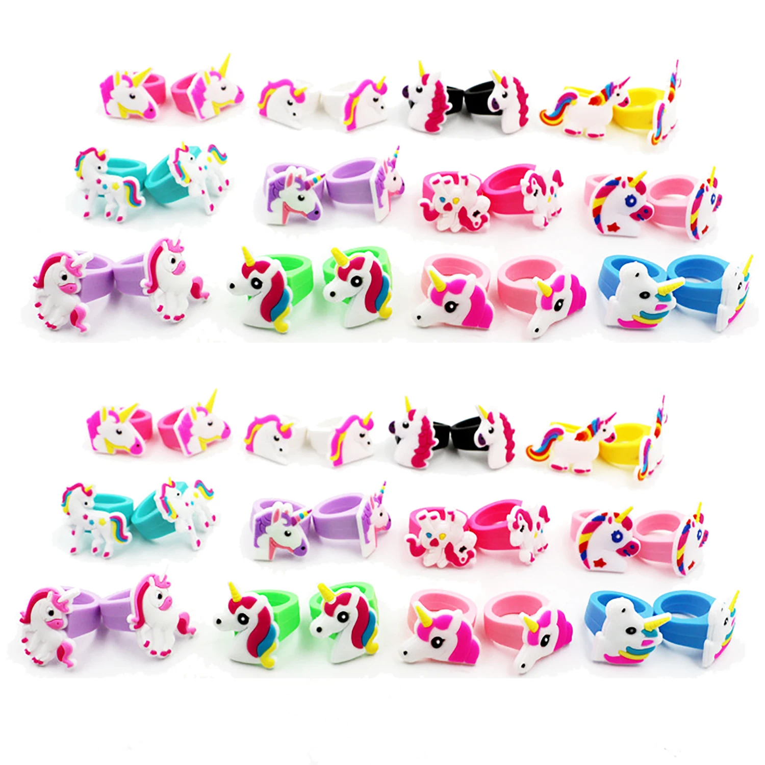 10Pcs Children\'s Cartoon Unicorn Ring PVC Soft Rubber Finger Ring Rainbow Toy Kids Themed Birthday Party Favors Prizes Toys