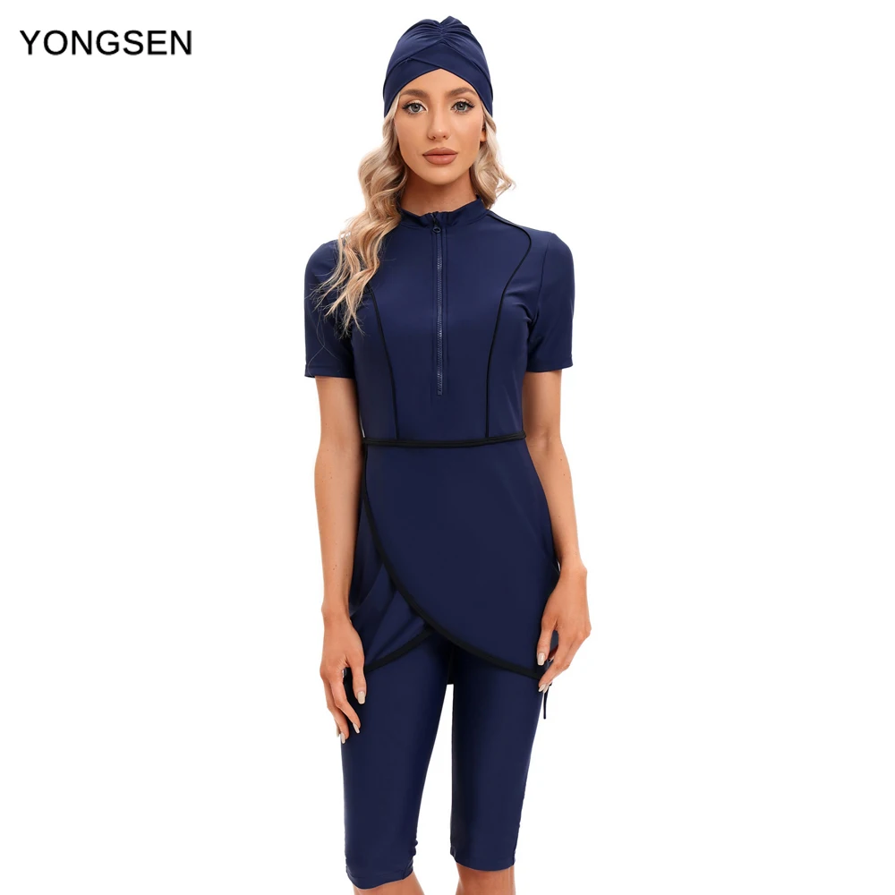 YONGSEN Women Modest Hijab Muslim Swimsuit Islamic swim wear Burkini With Swim Hat Sport Swimwear Ladies Short Sleeve Print Mode