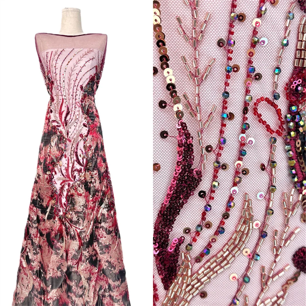 

Кружевная ткань с винным бисером, африканская кружевная ткань, 5 ярдов, 2026, высокое качество, французская сетка с блестками из бисера для шитья платья