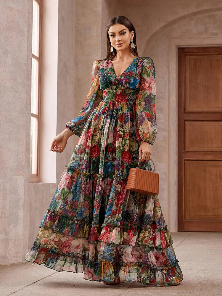 TOLEEN-Vestido largo informal con estampado Floral para mujer, prenda elegante de manga larga con volantes, estilo bohemio, ideal para fiesta y vacaciones, novedad de 2024