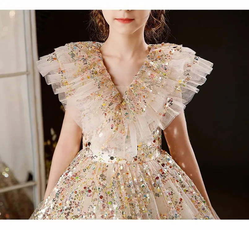 High-End Princess Dress For Girls Kids Sequined Long Frock Children Catwalk Formal Evening Gown Teenagers Pageant Vestidos A2782