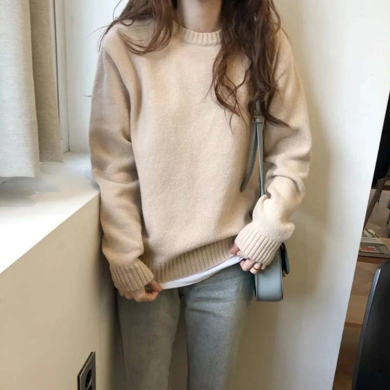 2024 Autumn Winter Women\'s New Spliced Pullover O-Neck Screw Thread Fashion Solid Color Loose Casual Long Sleeve Knitted Sweater