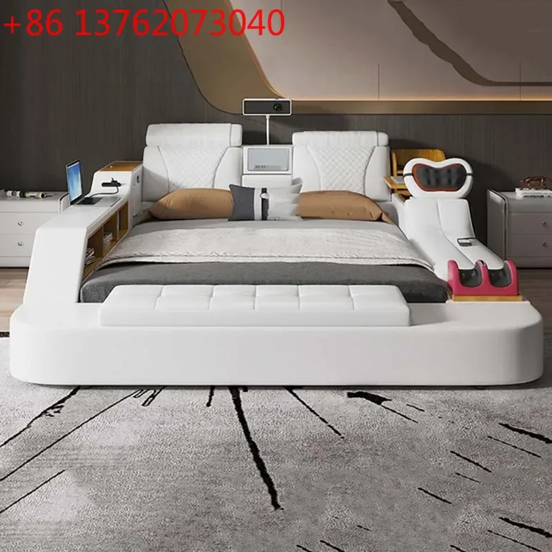 Cama Nórdica Ajustable con Proyector, Carga USB, Madera Moderna, Cuero, Masaje, Literas Multifuncionales, Juego de Muebles de Dormitorio de Lujo
