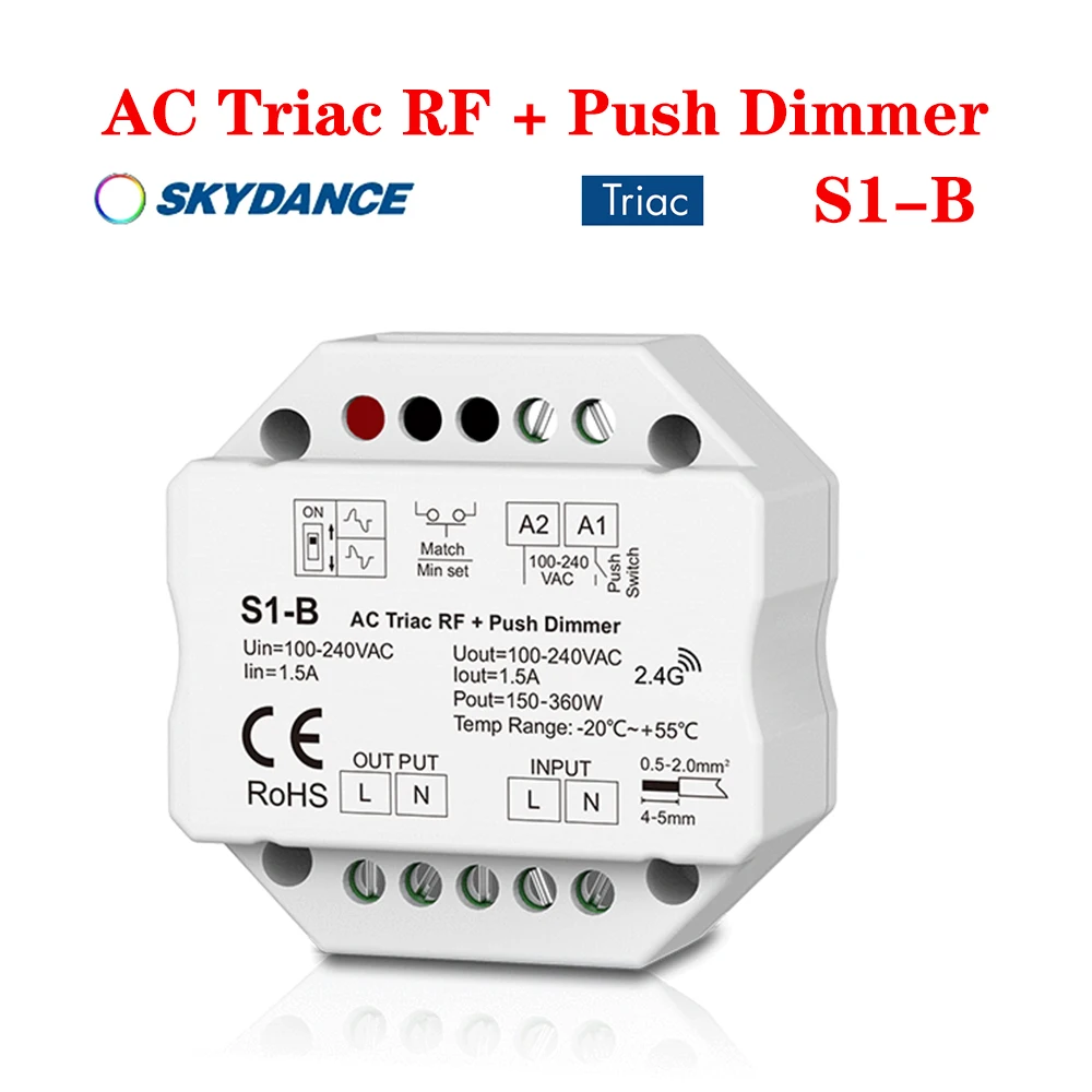 Skydance S1-B AC110-220V Led Triac 2.4GHzRF+Push Dimmer Wireless 1A 100W-288W Push LED Switch Controller For Dimmable LED lamp