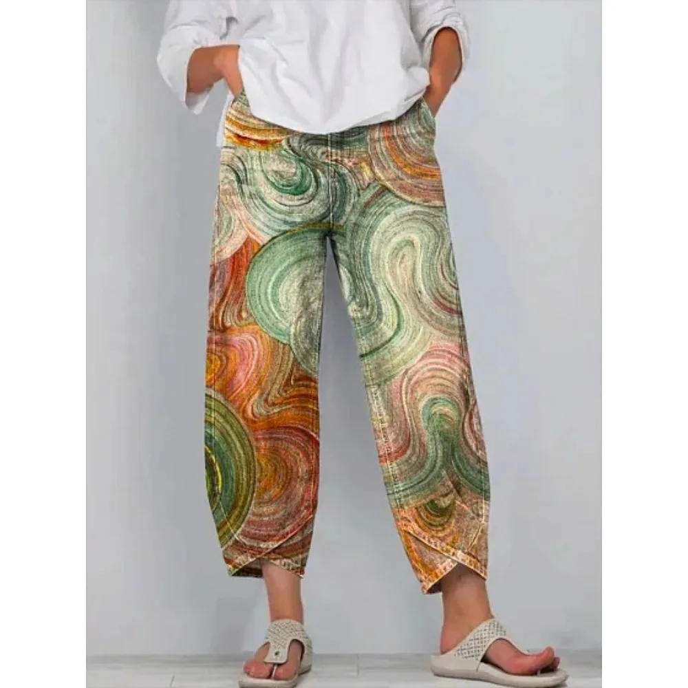 Kurze Harem-Capri-Hose mit abstraktem geometrischem Aufdruck für Damen, Baumwolle, lockere Passform, Tulpen-Wickelhose, knöchellange Freizeithose, XXS-4XL – Detail 5