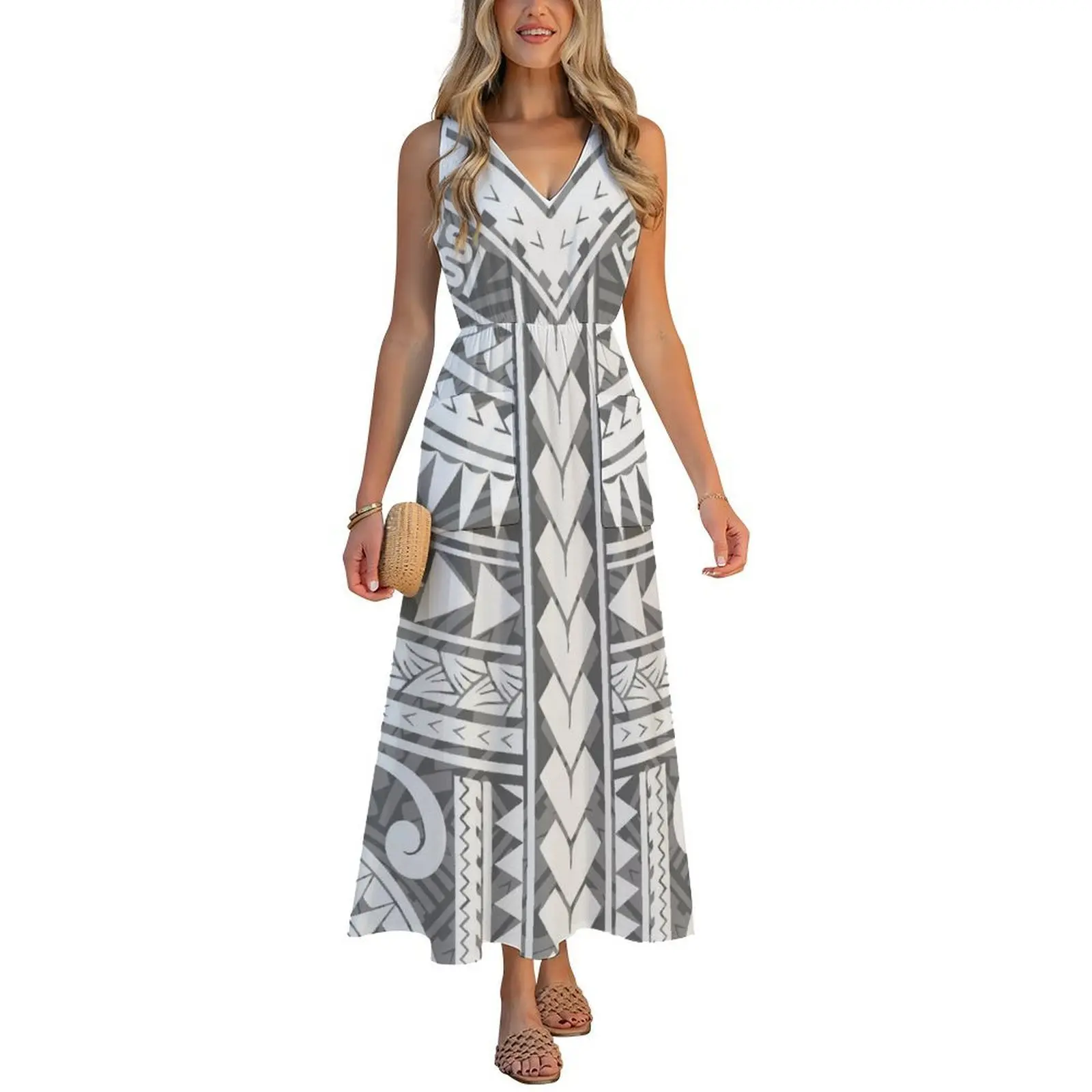 فستان نسائي صيفي نمط مخصص زي عرقية بولينيزية على شكل حرف v بدون أكمام فستان طويل أنيق فستان الحفلات 2026