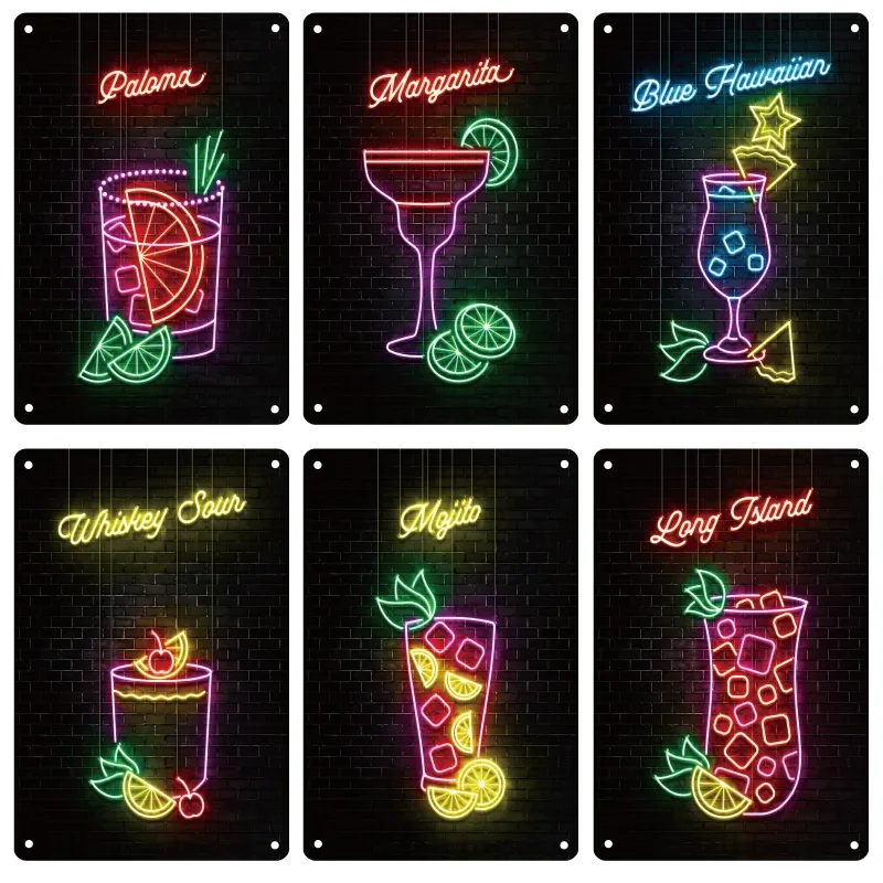 Neon Cocktail Drinks Metal Poster Sign Plaque Tin Painting Vintage Signage Home Restaurant Bar Club Wall Art Decor Mural Gift