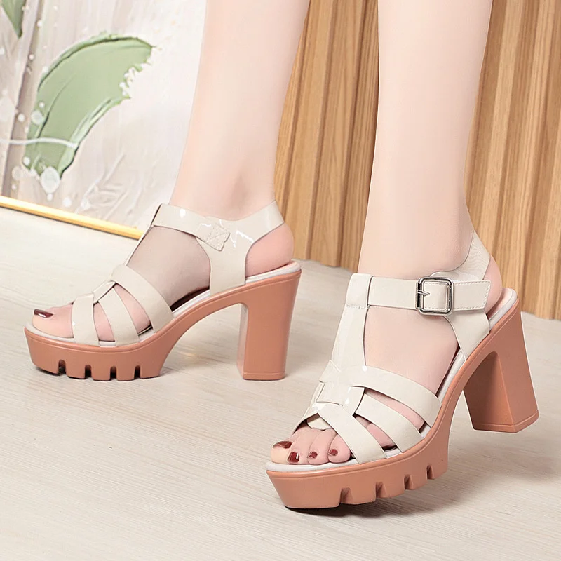 Summer Roman Fashion Non-slip Soft Leather Soft Sole Sandals Comfortable Thick Heel Women Open Toe Hollow Platform Sandals