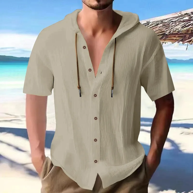 Men's Casual Short Sleeve Shirt Hooded Button Cardigan Loose Beach T-Shirt