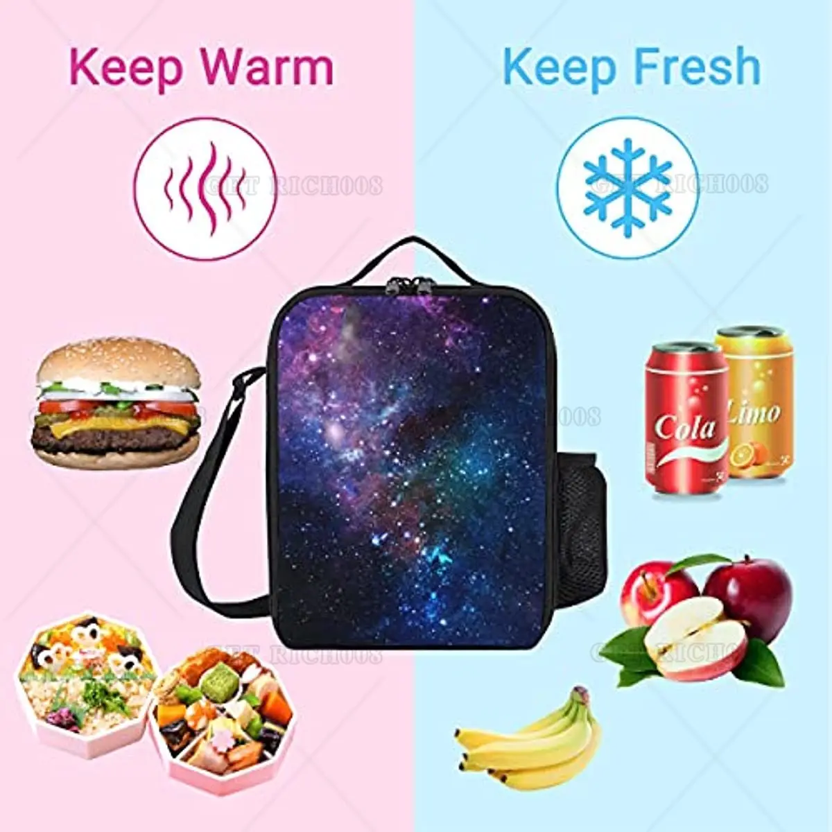 Fiambrera Galaxy para niñas y niños, bolsas de almuerzo portátiles a prueba de fugas con correa ajustable para el hombro y bolsillo lateral,