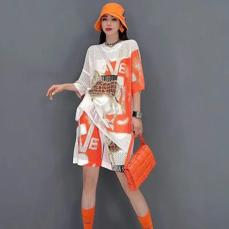 Szorty Garnitur Damski Letni Nowy Kreskówkowy Nadruk Rhinestone Moda Luźny Okrągły Dekolt Krótki Rękaw Top i Szorty Dwuczęściowy Zestaw — zdjęcie 4