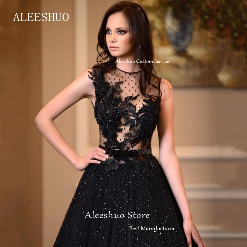 Aleeshuo gaun Prom Tulle hitam seksi leher-o tanpa lengan A-Line applique payet ilusi gaun pesta malam gaun Prom panjang