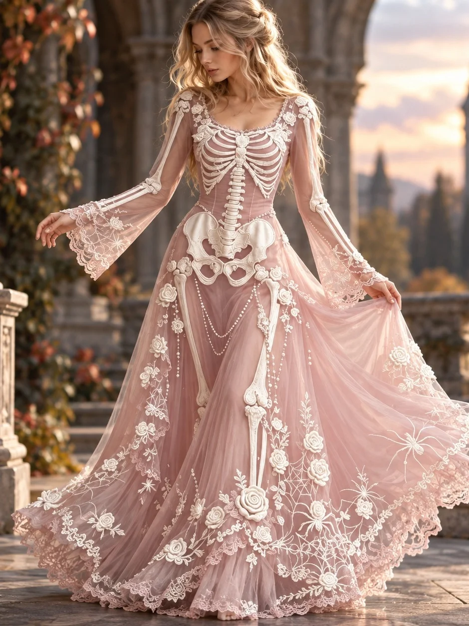 Schlankes, langes Kleid mit langen Ärmeln, langem Schnitt, auffälligem Street-Style, Halloween-Motiv, tiefem Ausschnitt, plissiertem Rock, normalen Ärmel, dunklem Stil, für den Herbst.