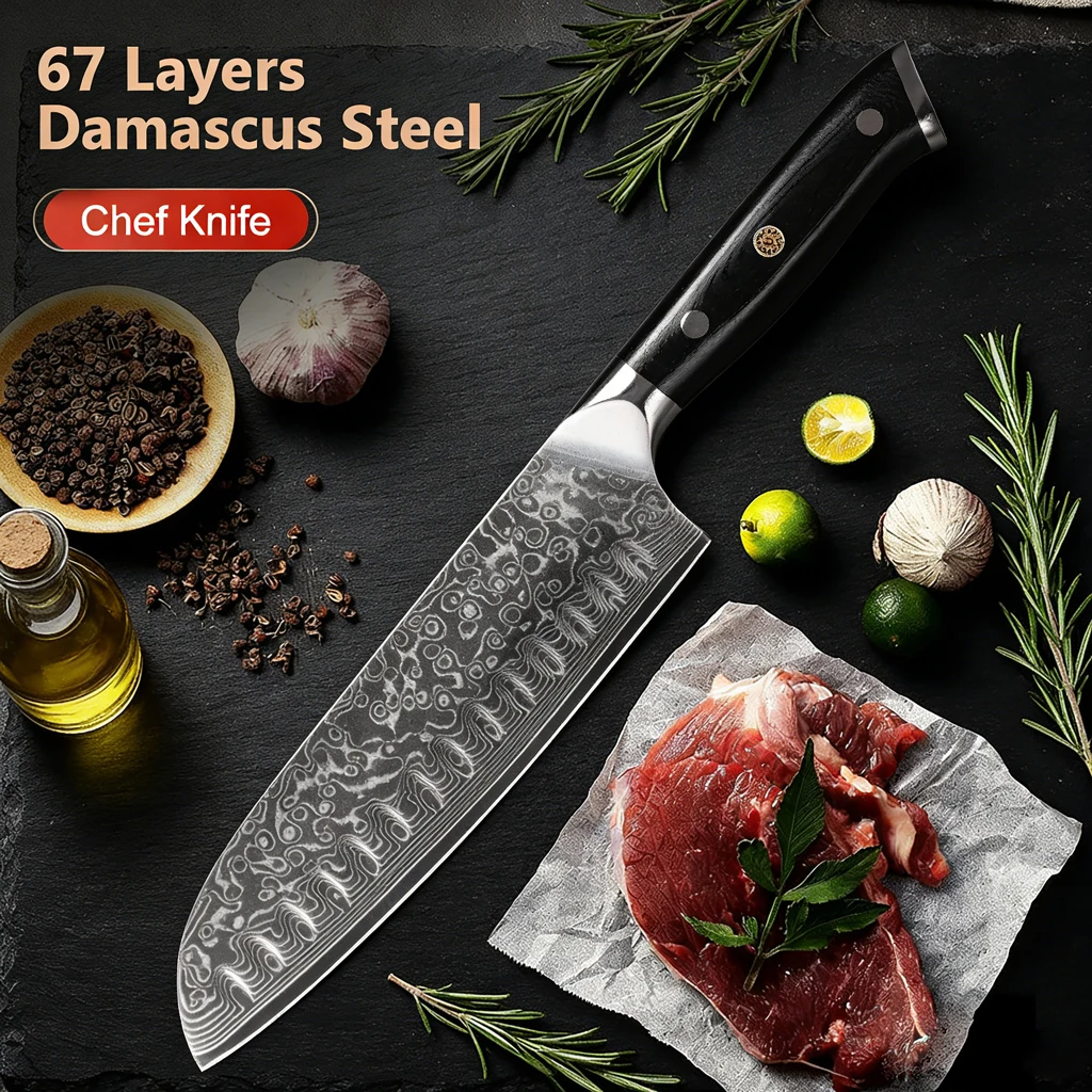 

7-inch Professional Chef's Knife 67 Layer Damascus Steel VG10 Steel Core Super Sharp Santoku Knife G10 Handle
