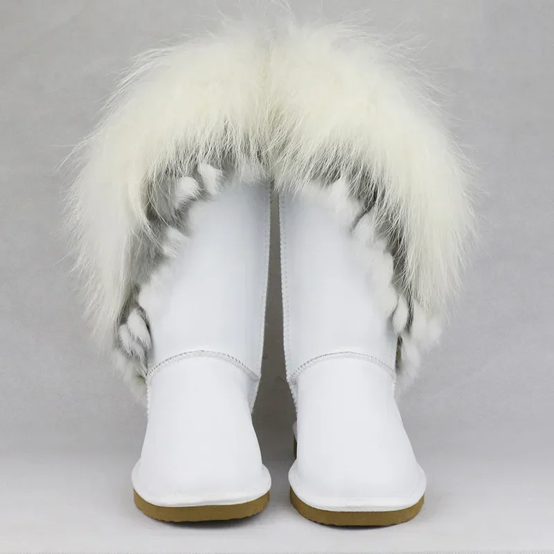 New Fashion Big Natural Fox Fur Snow Boots Real Cow Leather Women High Boots Winter Long Boots Rabbit Fur Tassels Non-slip Shoes