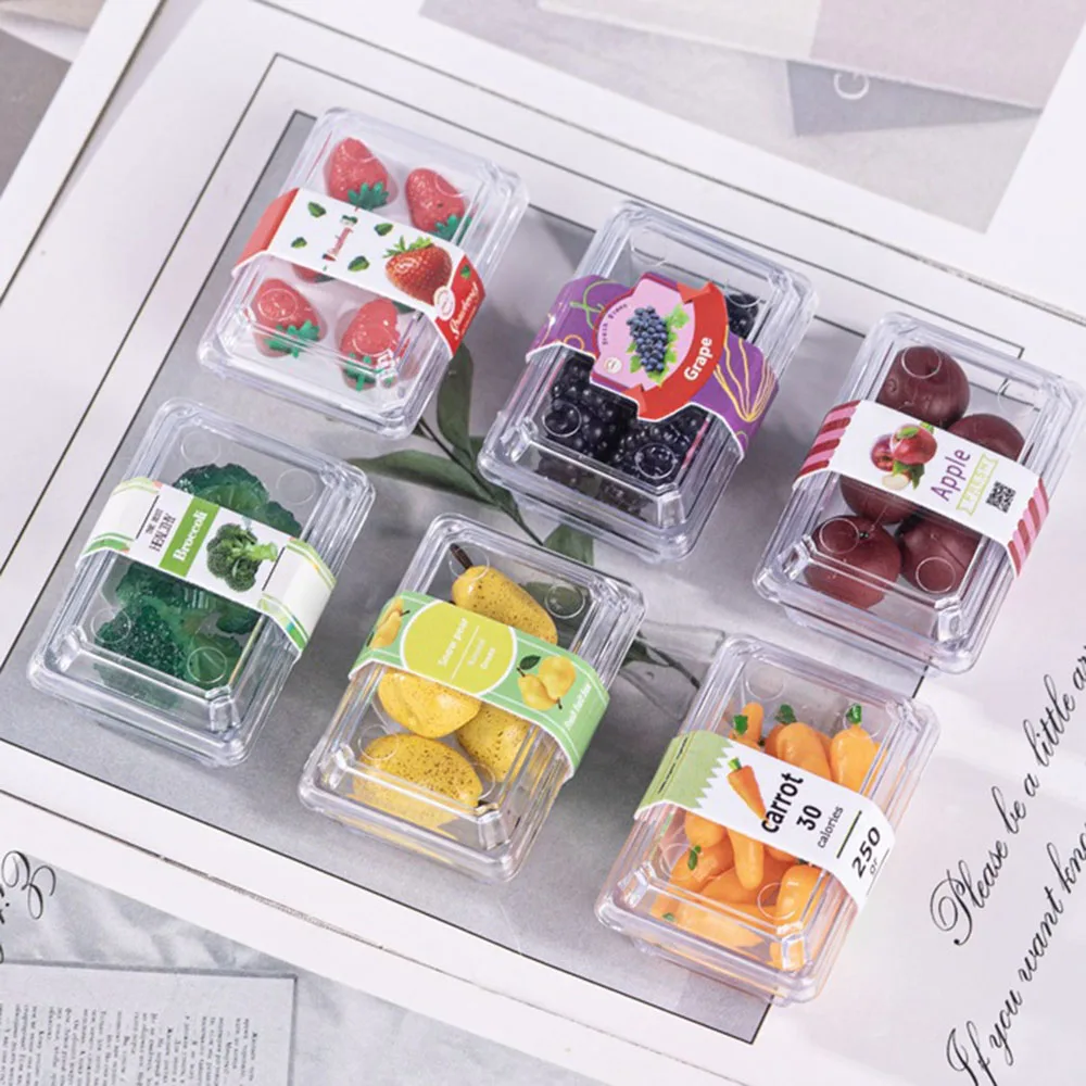 6Pcs Fruit Vegetable Dollhouse Play Set with Storage Simulated Supermarket Miniature Food Ornaments Micro Scene Decor Props
