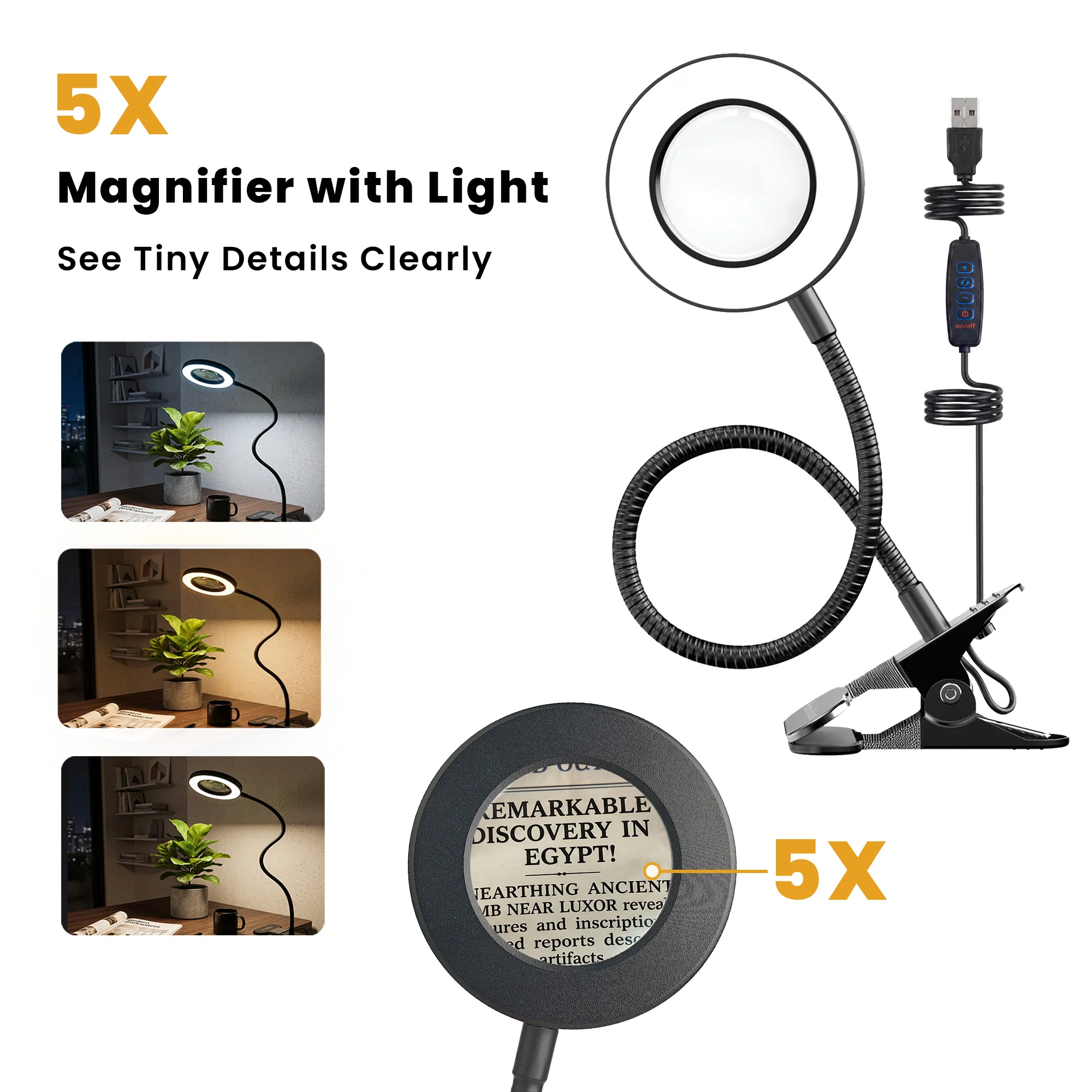 Magnifying Lamp LED with Clamp, 3 Color Modes, Adjustable Desk Light for Reading, Painting, Soldering, Eye Protection Task Lamp.