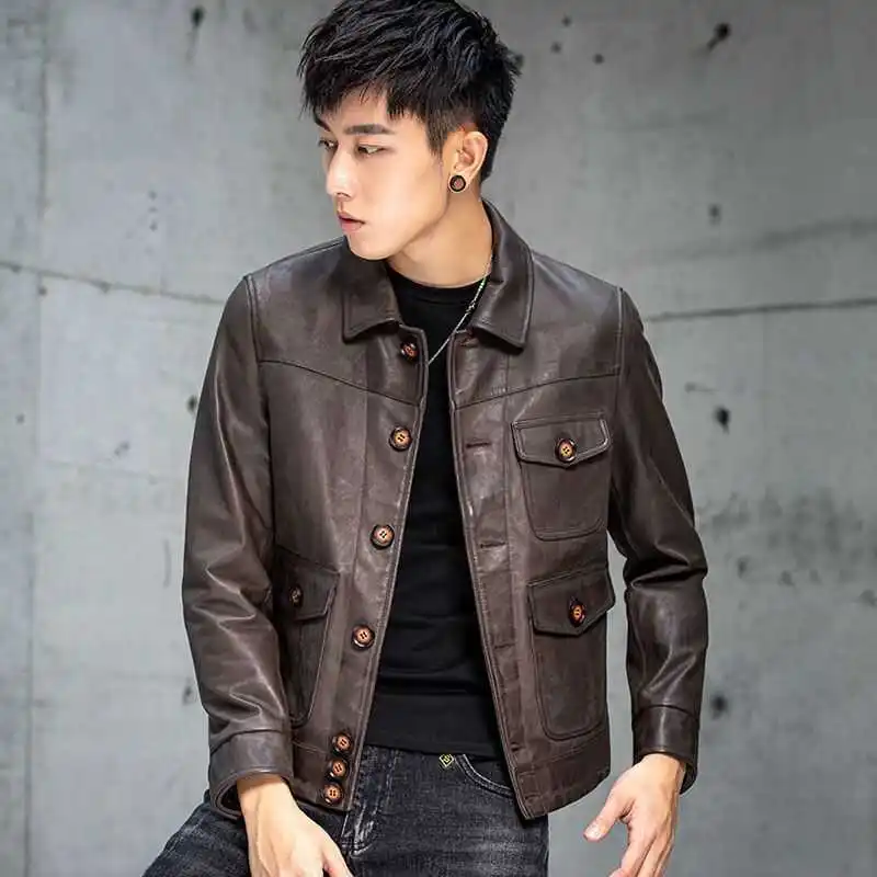 

Мужская кожаная куртка в американском ретро-стиле с воротником-стойкой, модная новинка весна-осень, на пуговицах