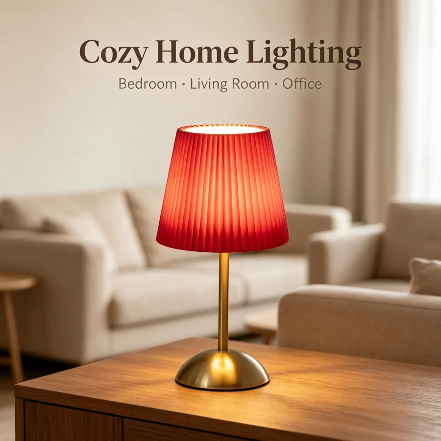 Vibrant Red Pleated Table Lamp, Gold Metal Base USB Bedside Lamp, Aesthetic Decor Night Light for Bedroom Desk
