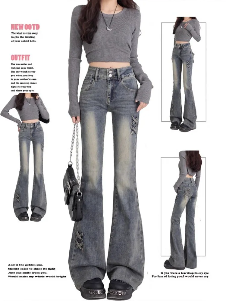 

Ретро-синие джинсы-клеш с высокой талией для женщин, весна-осень, новые, эластичные, с завязками, повседневные