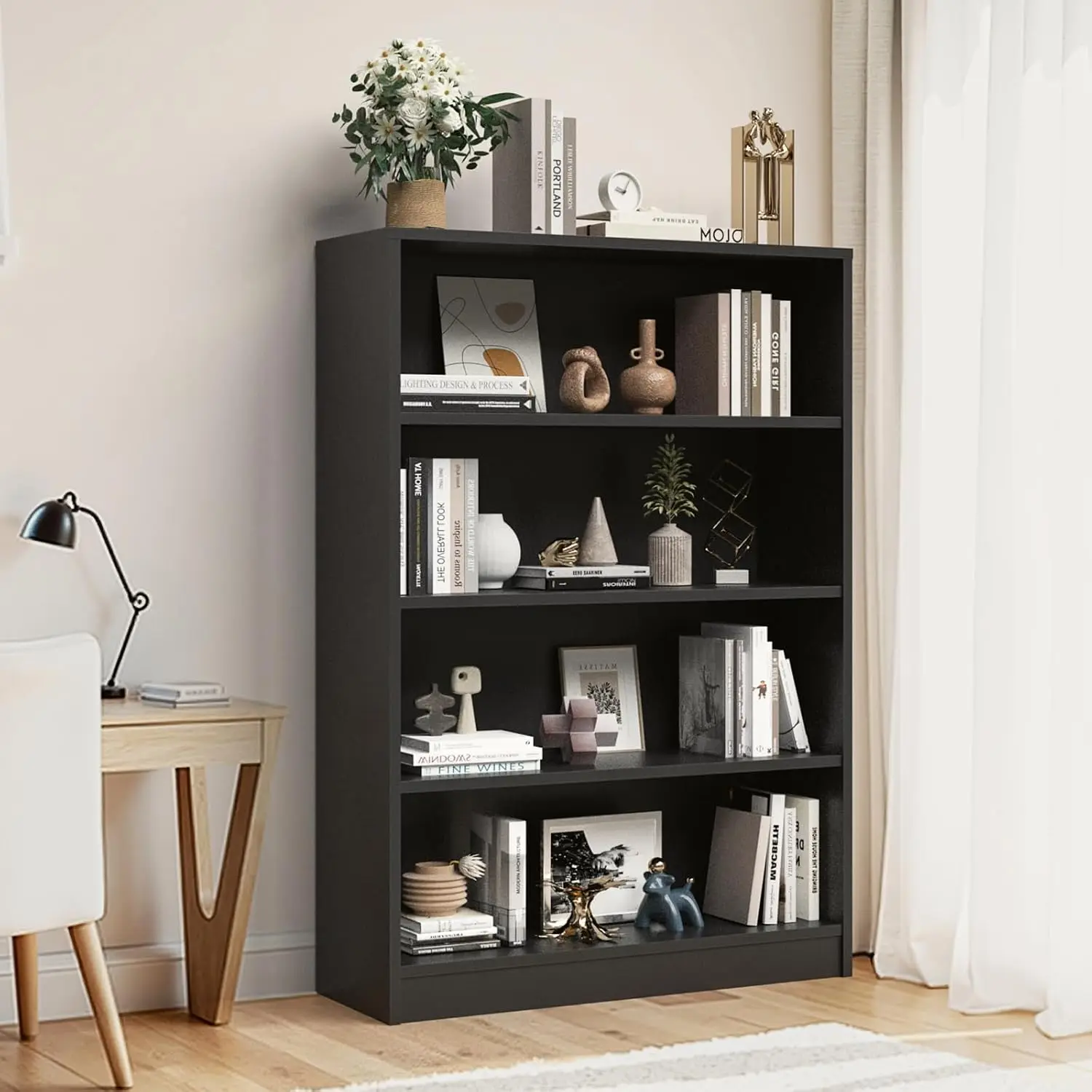 48 Inch Tall 4-Shelf Wood Bookcase Storage Organizer Adjustable Shelf Home Office Study Room Easy Assembly Black, Customized