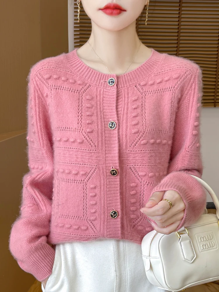 Autumn Winter Warm Soft Cable Stitch Simple Comfortable Women's O-Neck Cardigan 100% Merino Wool Knitted Sweater Clothing Tops