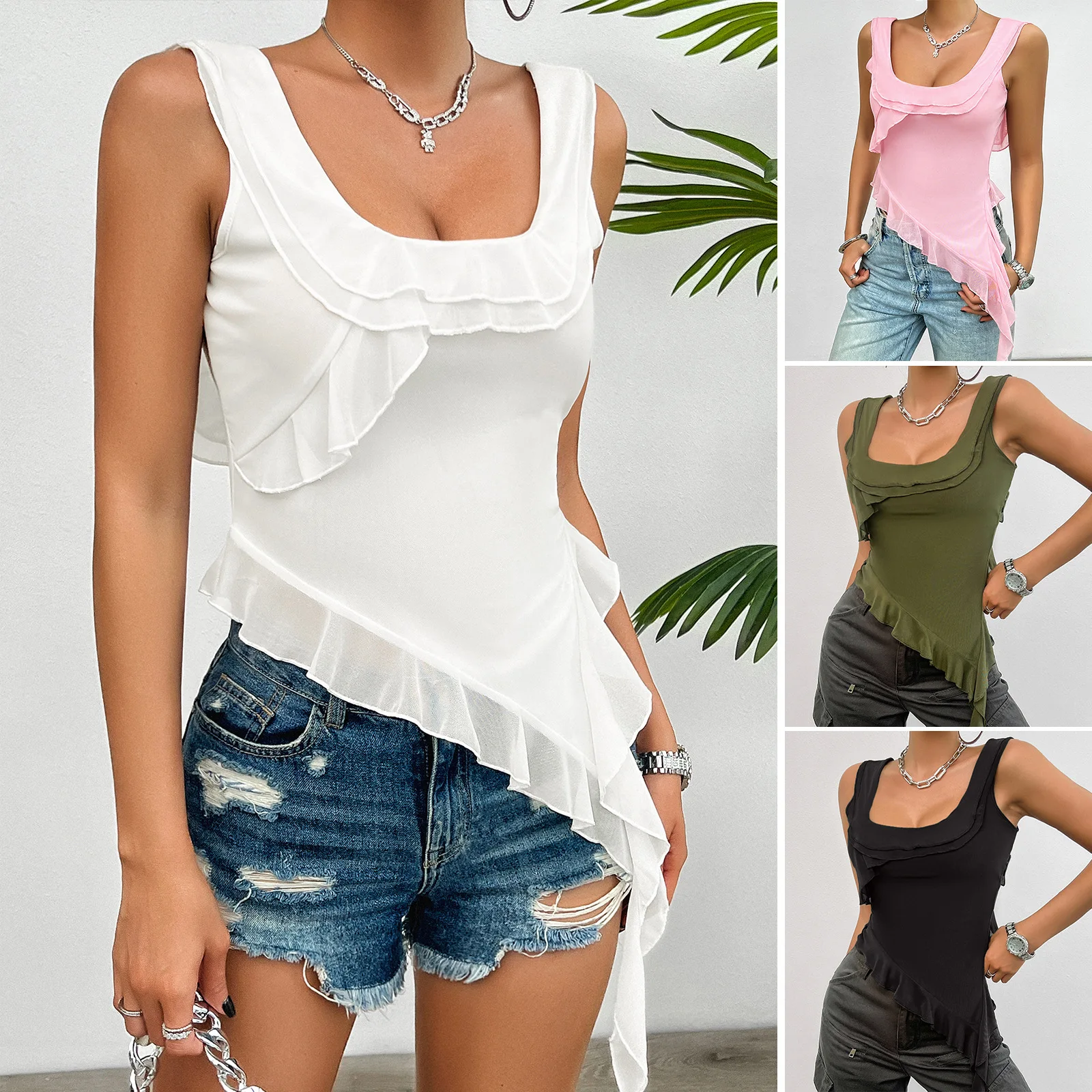 

High Quality Women Clothing 2024 Spring Summer Solid Color Sleeveless U-neck Ruffled Edge Mesh Asymmetrical Top Gothic Aesthetic