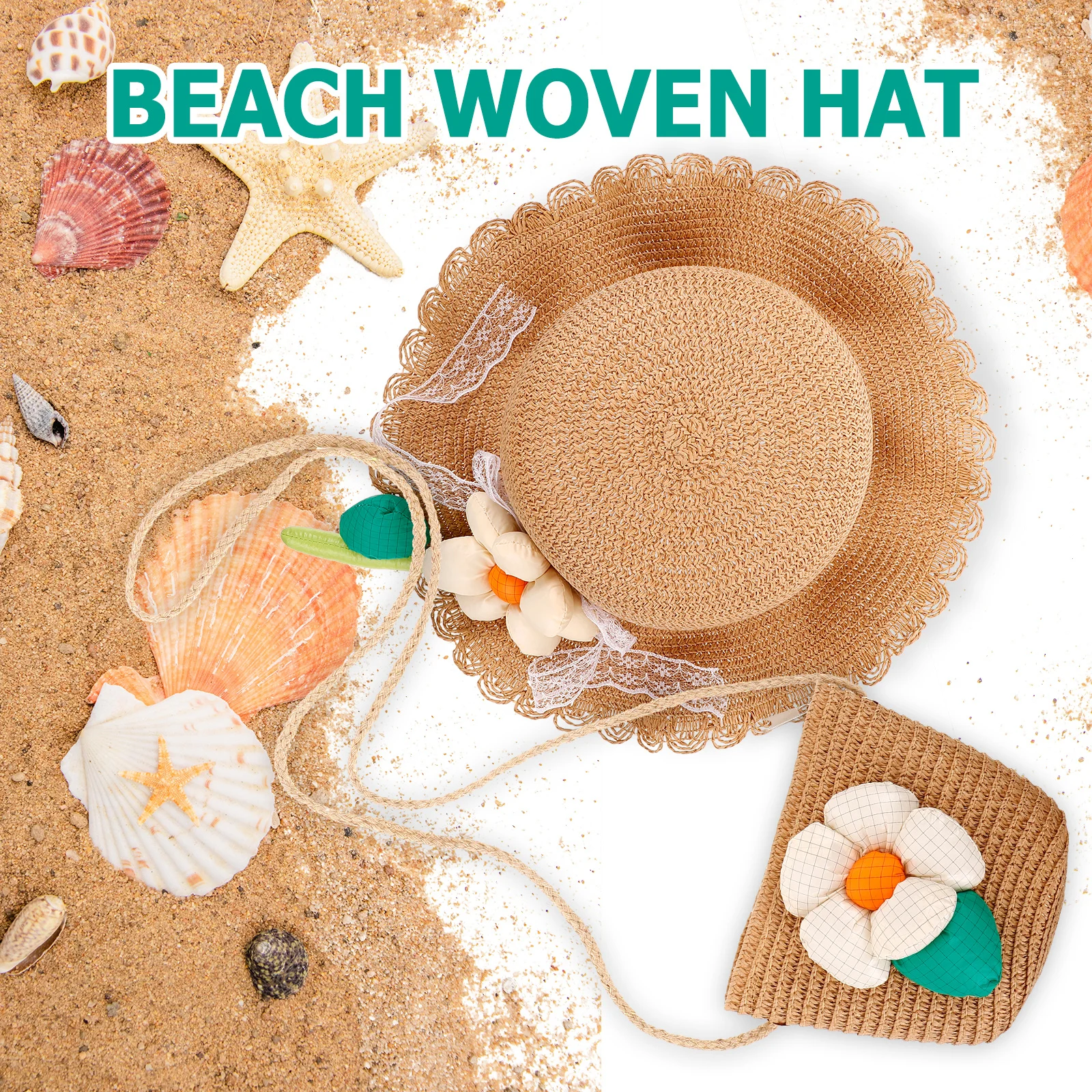 

1Set Kids Woven Summer Sunshade Hat Beach Lightweight Shoulder Bag Casual Wear Outdoor Activities Fishing Hiking