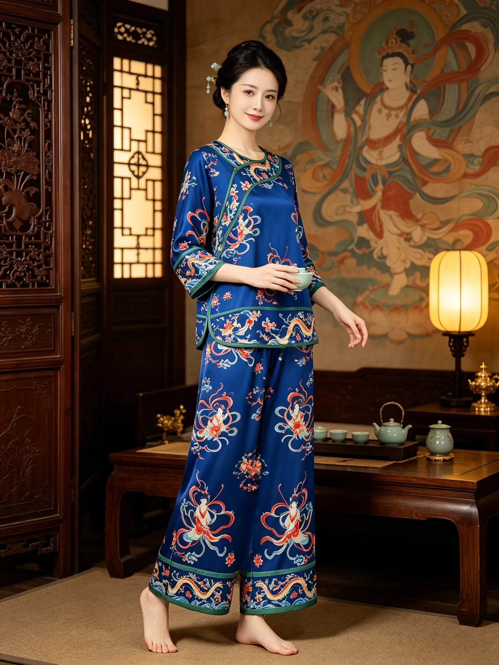 新しい中国風の女性用寝間着ディープブルーハイエンド禅風ナショナルスタイルアイスシルクホーム服セット屋外着用可能