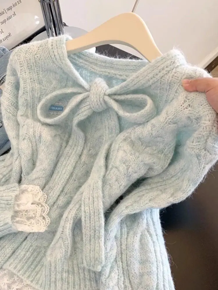 Suéter con lazo y costuras de encaje para Mujer, suéteres tejidos para Otoño e Invierno, Top de moda coreana, suéter dulce para Mujer