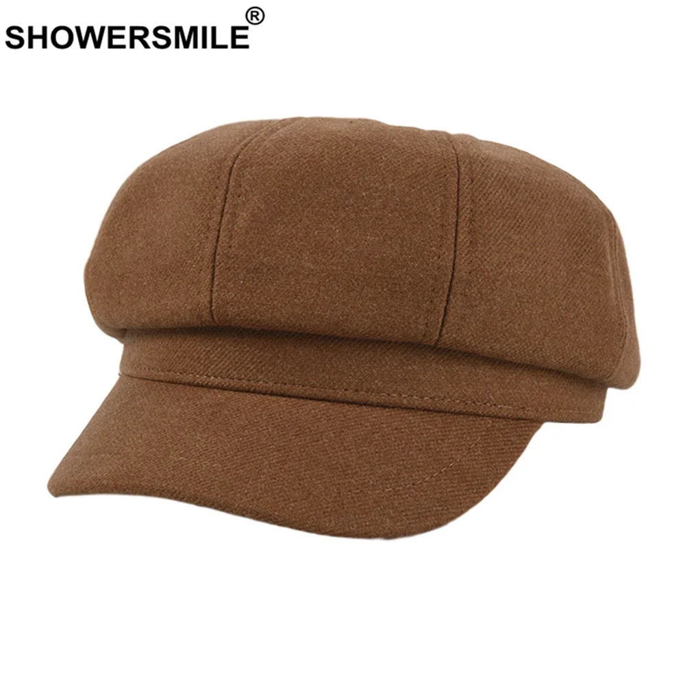 SHOWERSMILE Gray Winter Hats for Women Woolen Newsboy Cap Vintage Ladies Beret Solid 2024 New Arrival Female Flat Cap