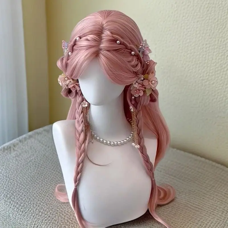 ‌ Perruque Lolita rose clair-cheveux bouclés volumineux avec partie centrale, bonnet complet synthétique d'aspect naturel, accessoires de Cosplay Kawaii