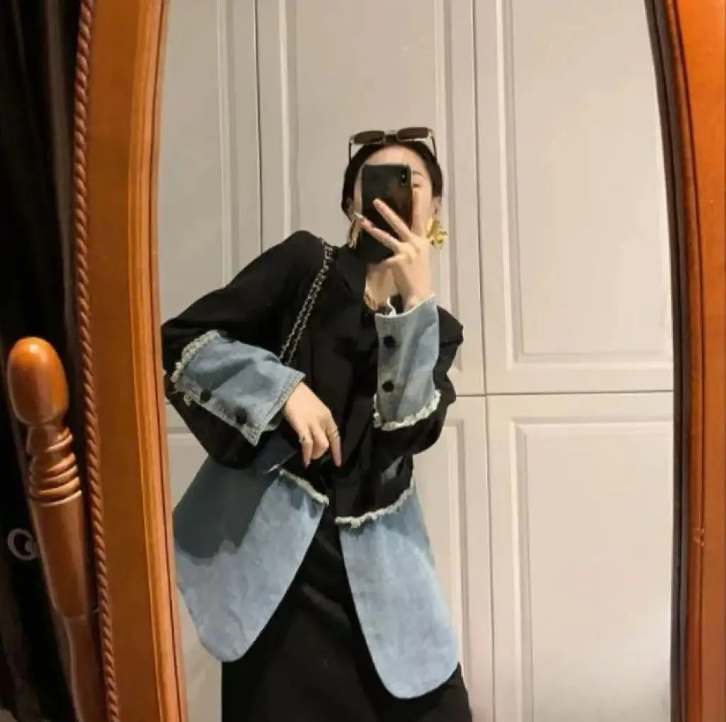 

Color Blo Denim Jaet Women's Loose Straight Slimming Jeanswest Coat Long Sve Cotton Busin Casual Sle