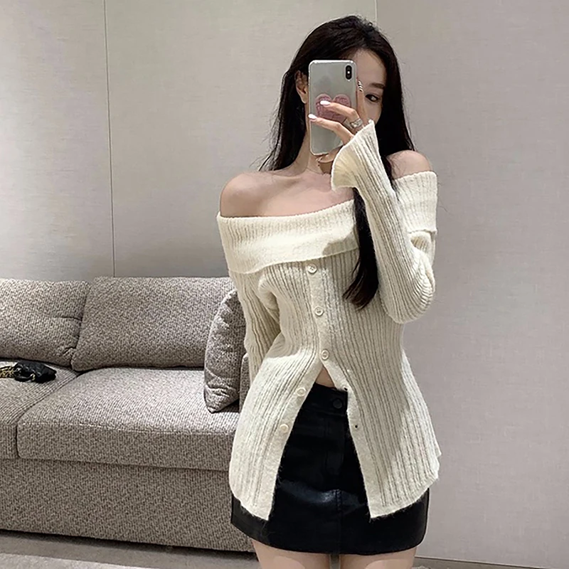 Vintage Button Up Solid Elegant Women Slash Neck Long Sleeve Knitted Sweater