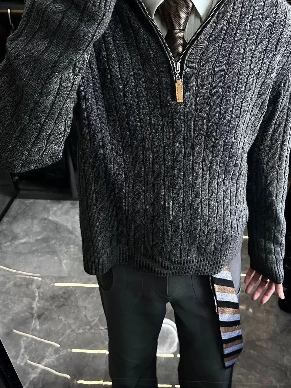 

Американский ретро-свитер с высоким воротником и косой вязкой, мужской, модный, свободный, теплый, парный, с молнией, трикотажный
