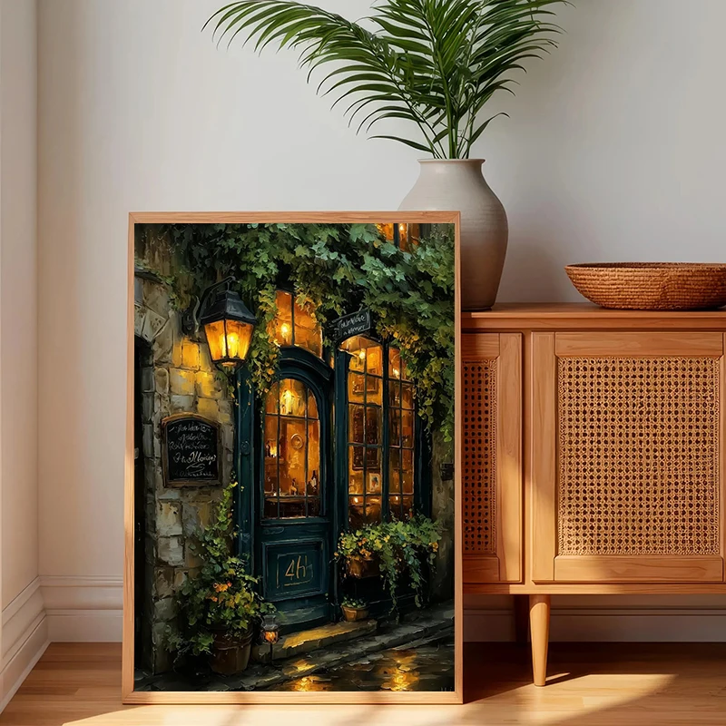 Póster Impreso de Ventanas y Mesa de Café en París por la Noche: Cuadro en Lienzo de Escena de Bistro Vintage para Decoración del Hogar y Sala de Estar