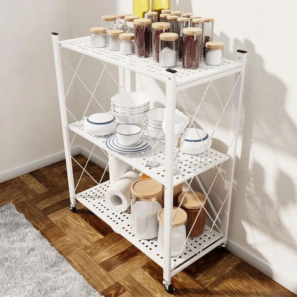Rak Penyimpanan Baja 3 Tingkat, Kapasitas Berat 550 lbs, Rak Lipat, Organizer Serbaguna untuk Rumah, Kantor, Putih