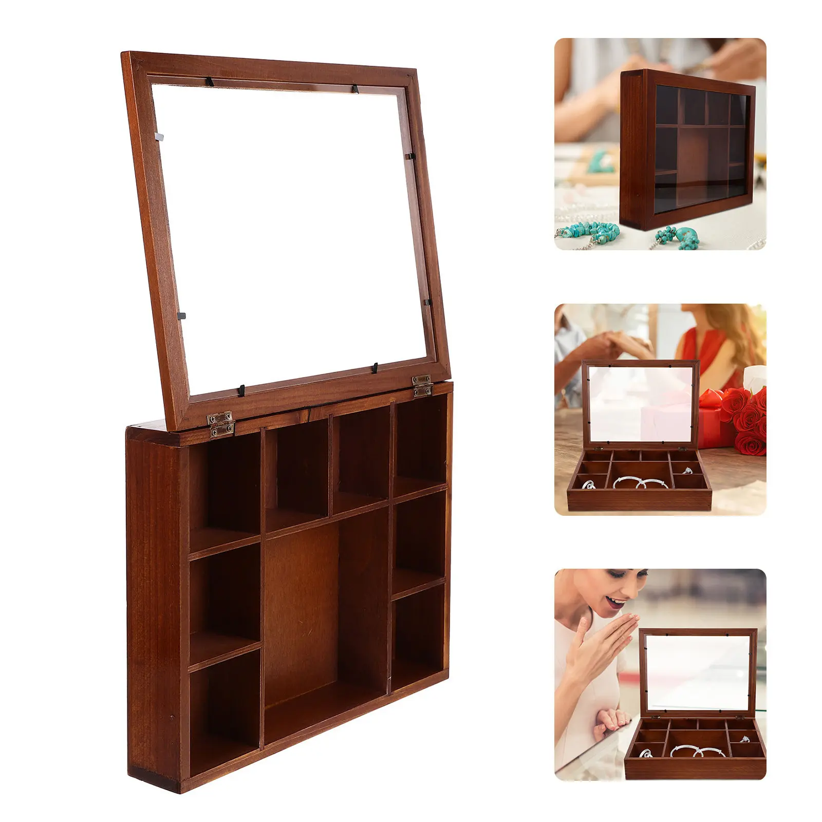 

Retro Wooden Jewelry Storage Box with Clear Lid Multi-Compartment Organizer for Rings Earrings Necklaces Trinkets Dustproof