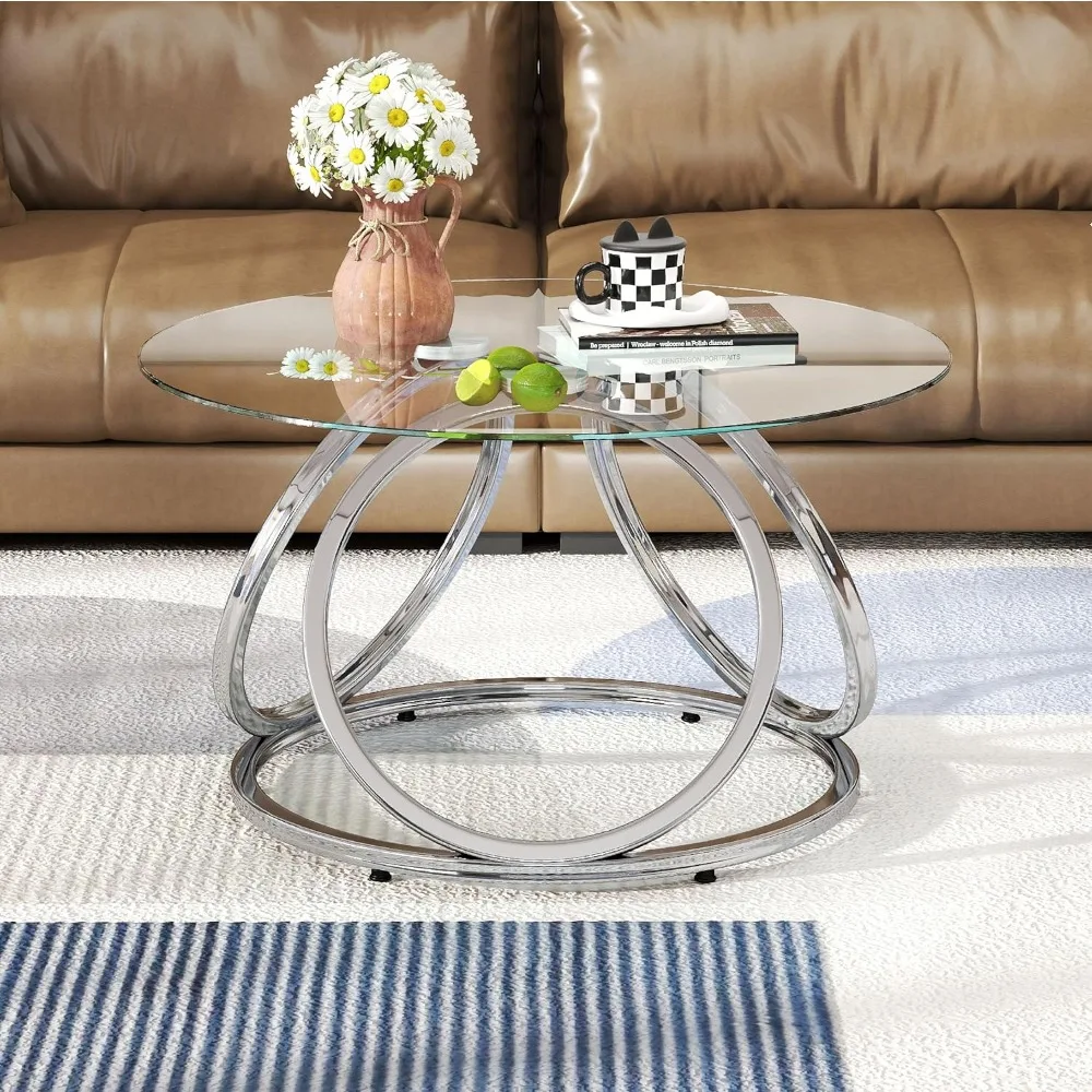 

O&K FURNITURE Silver Coffee Table, Modern Glass Coffee Table Living Room Table with Ring-Shaped Frames, Glass Coffee Table for H