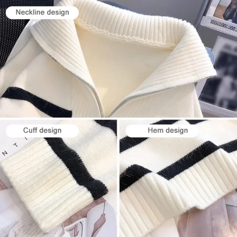 Women Striped Sweater Short Section Thickened Inner Zipper Bottoming Shirt Hedging Head Outerwear Tops Autumn and Winter