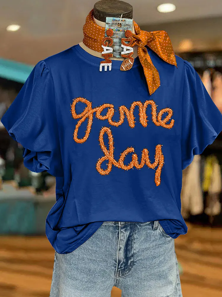 Casual Gameday Letter Puff Sleeve Top Women Blouse