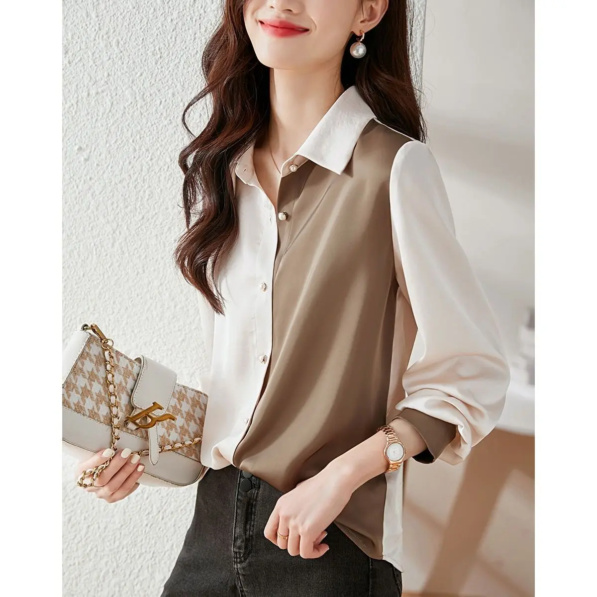 2024 New Chiffon Long Sleeved Shirt Women's Wear Hong Kong Style Color Blocking Elegance Fashion Outwear Casual Versatile