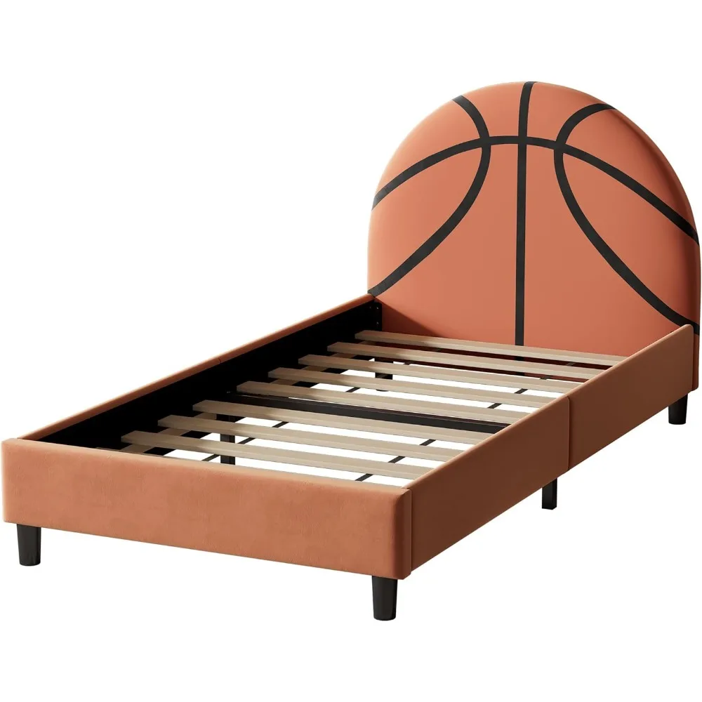 Basketball Design Upholstered Twin Platform Bed Sport Style Bed for Boys & Girls, Teens, Orange