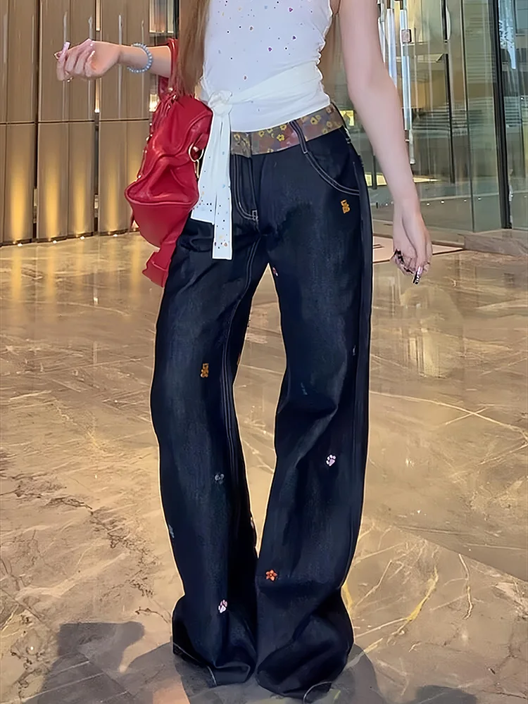 

Blue Women's Jeans Hip-hop Fashion Vintage Streetwear Y2K Wide Leg Straight Jean High Waist Trouser Classic Baggy Denim Pants