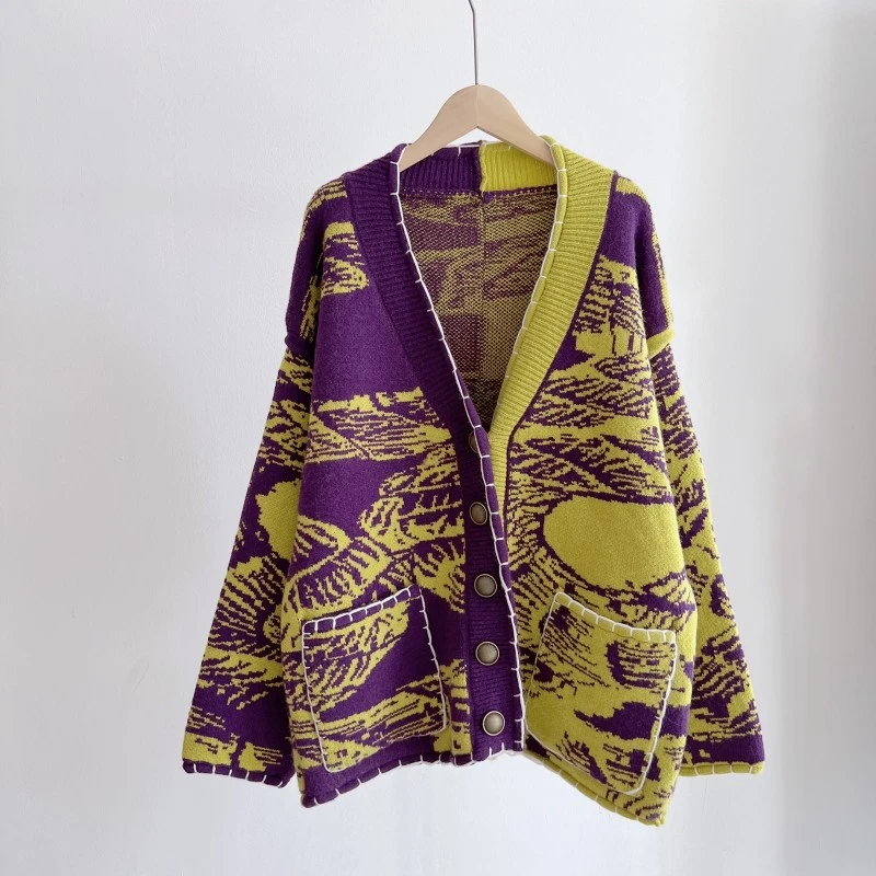 Women Art Print V-neck Loose Cardigan 2023 Autumn Winter New In