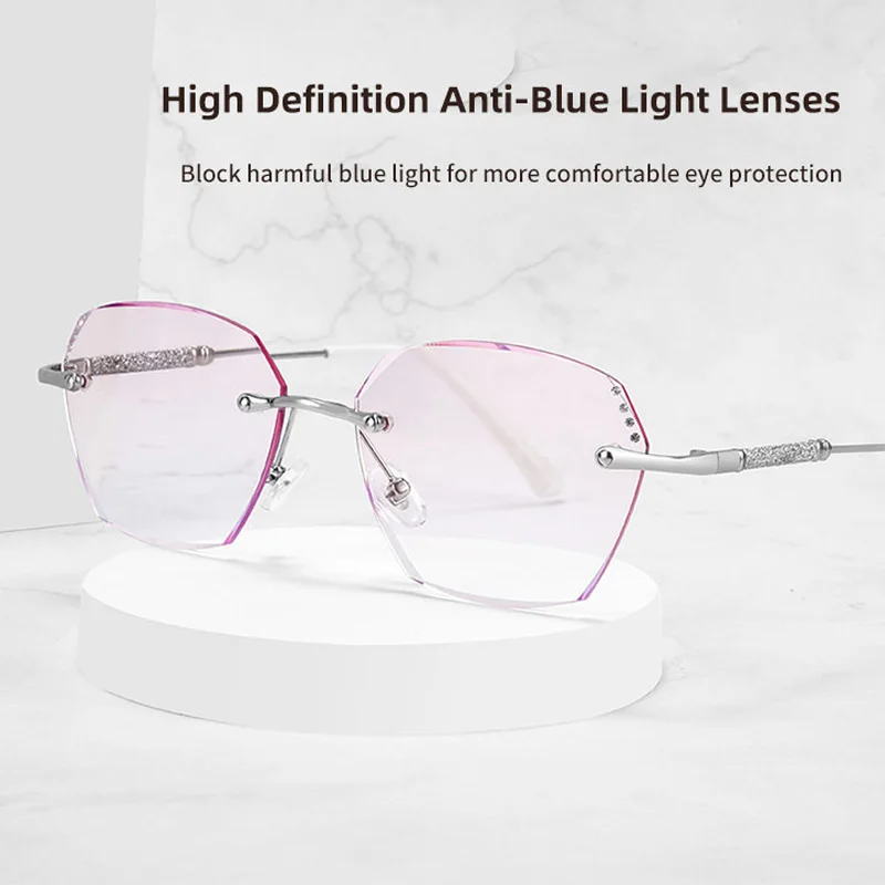 Luxury Diamond-studded Reading Glasses Rimless Anti-blue Light Presbyopia Eyeglasses Diopter +1.0 +1.5 +2.0 +2.5 +3.0 +3.5 +4.0