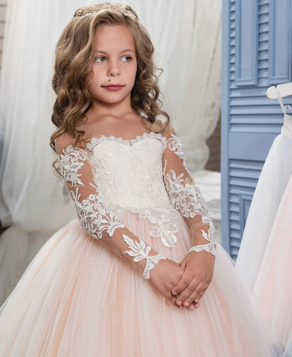

Sheer Long Sleeves Holy Communion Dresses Kids Girls Costume Children's Clothing Party Baby Flower Girl Ball Gown Princess Dress