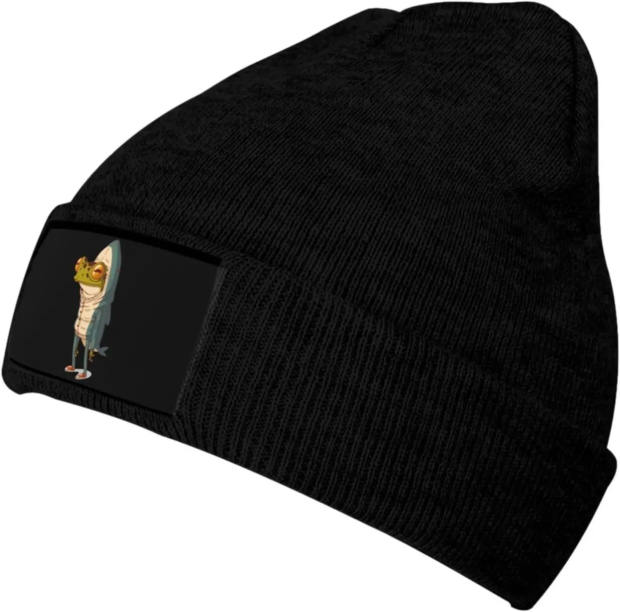 Black Knitted Beanie with Funny Frog in Shark Costume Patch Winter Warm Hat for Men Women Humorous Animal Print Skull Cap