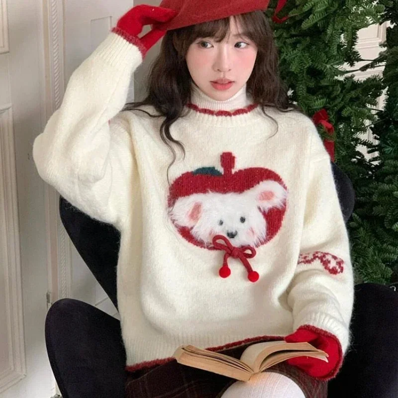 Sweet College Style Christmas Puppy Jacquard Design Round Neck Sweater For Girls Winter Loose Sweater
